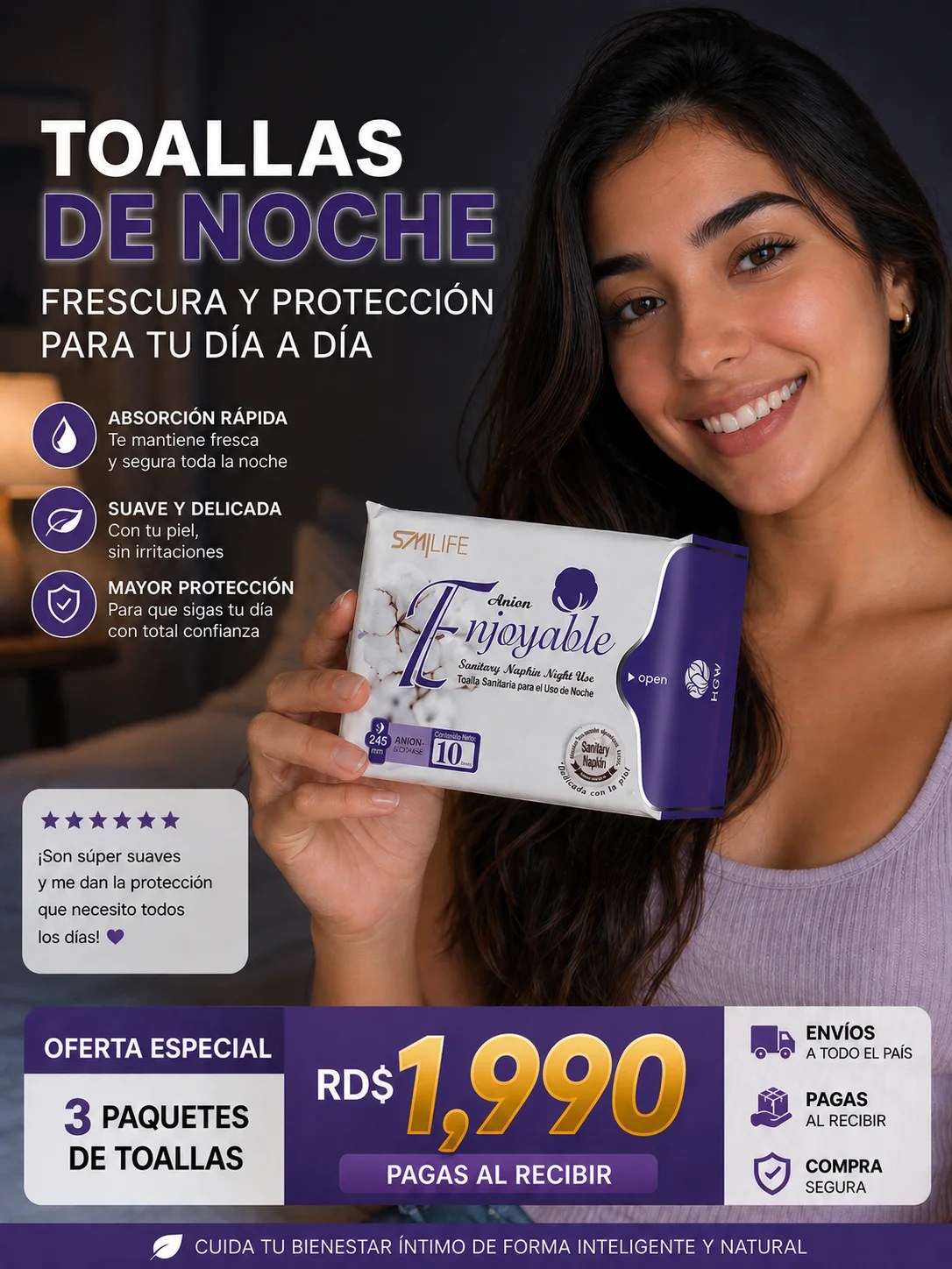 Toallas Premium HGW uso noche, 3 paquetes por RD$1,990